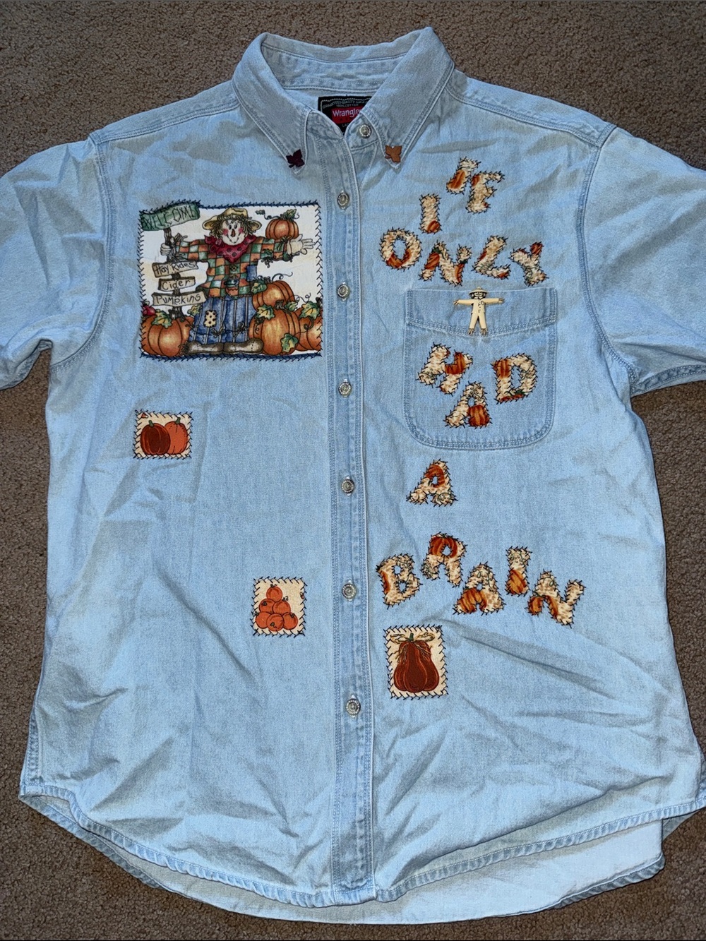 Wrangler Light Blue Denim Button-Down Shirt with Pumpkin Patch Appliqués
